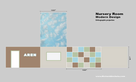 Mural orthographic projection for nursery room with modern design by Richard Ancheta, Montreal.